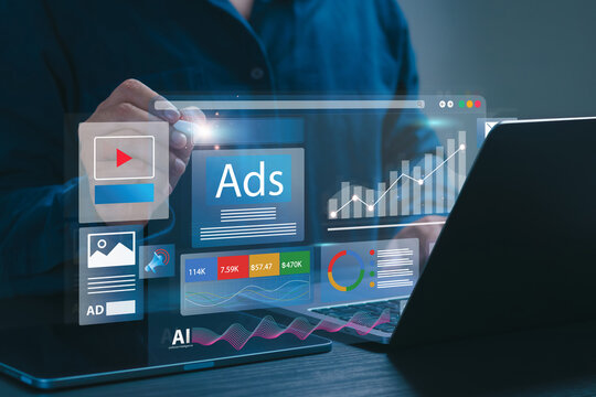 Digital marketing commerce online sale concept, Businessman using laptop with Ads dashboard digital marketing strategy analysis for branding. online advertisement, ad on website and social media.