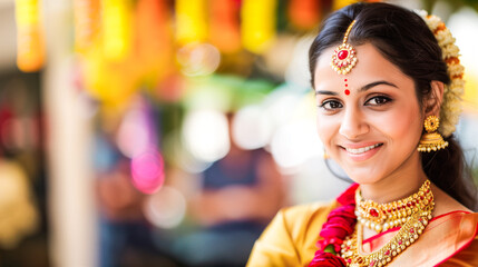 Obraz premium Beautiful indian woman wearing traditional attire, smiling