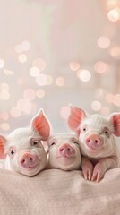Three pigs are sitting on a bed with their heads together