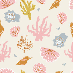 Marine seamless pattern. Underwater world. Shells and corals vector background. 