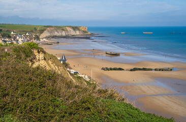 Cliffs at Mulberry Harbour at Arromanches and Omaha Beach, Normandy, France