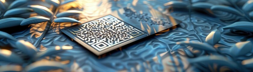 3D Blender model of a card with a QR code, clear background, high angle, space for text.