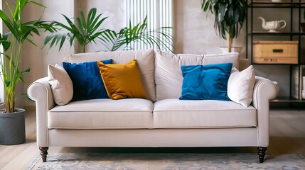 White Sofa with Blue and Yellow Pillows in a Modern Living Room