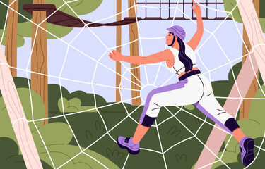Young woman in helmet overcomes challenges, obstacle course. Active girl climbing on net, web between trees in rope park. Activity in aerial adventure playground in forest. Flat vector illustration