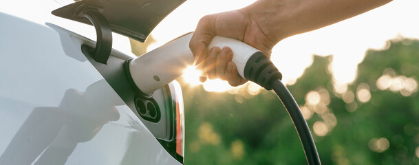Man recharging battery for electric car during road trip travel EV car in natural forest or national park with sunrise lighting. Eco friendly travel during vacation and holiday. Panorama Exalt © InfiniteFlow