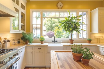 Cozy kitchen with mustard yellow walls, white cabinets, and a butcher block countertop. Potted plants add a touch of greenery.