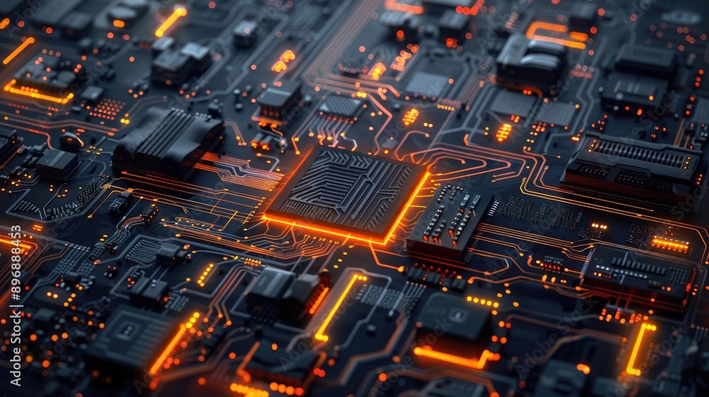 Poster abstract 3d circuit board with digital elements and glowing highlights