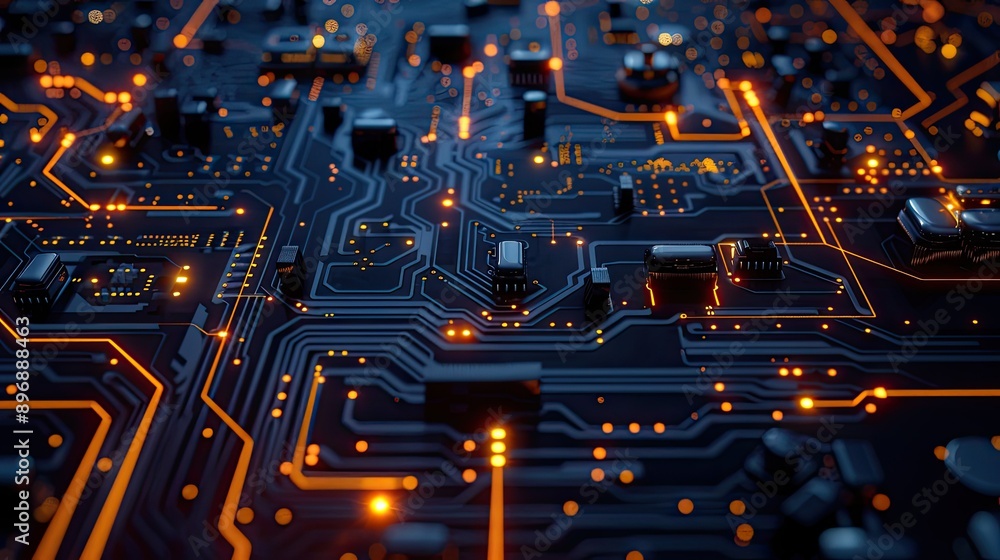Poster abstract 3d circuit board with digital elements and glowing highlights