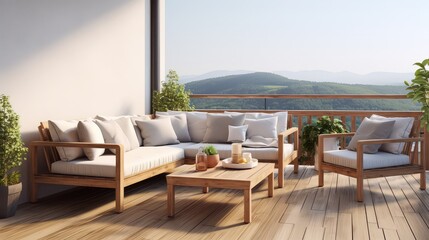 Elegant decorated balcony with rattan outdoor furniture, bright pillows and plants. Interior design terraces