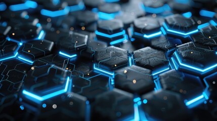 Obraz premium Abstract 3D hexagonal grid with glowing blue accents