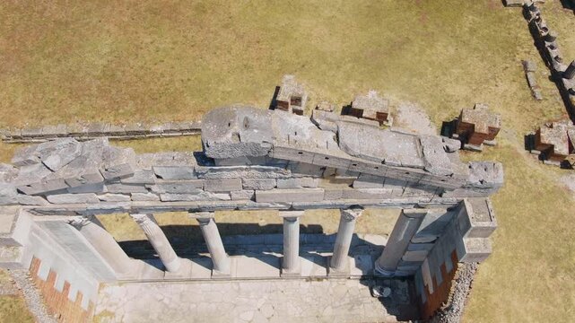 Flying over the fantastic Agonothetes monument in Apollonia on a sunny day in Albania.