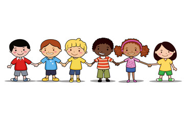 kids holding hands, kindergarten cartoon clip art vector illustration