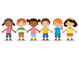 kids holding hands, kindergarten cartoon clip art vector illustration