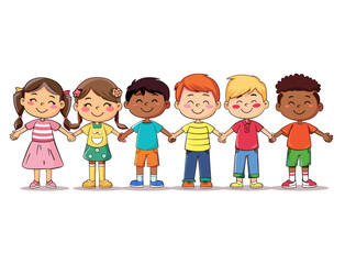 kids holding hands, kindergarten cartoon clip art vector illustration