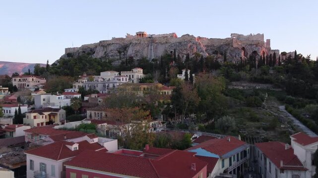Aerial of Parthenon Monument, Acropolis of Athens Hill at Sunset, Greece