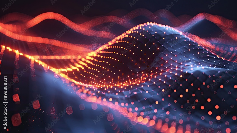 Poster abstract 3d wave grid with glowing points and lines