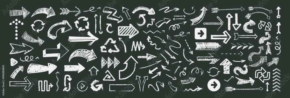 Aufkleber Vector Set of Hand drawn Charcoal arrows icons. Arrows mark icon isolated on transparent background. Scribble symbols of direction pointers, swirl arrow elements