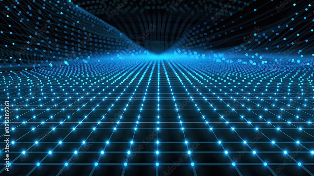 Poster futuristic 3d grid pattern with glowing blue lines and dots, perfect for tech backgrounds