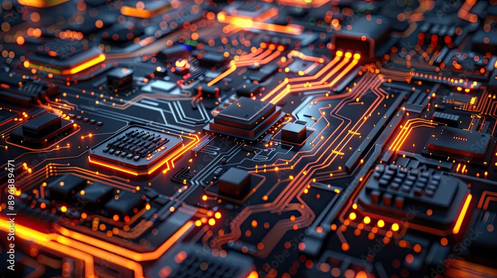 Poster high-tech 3d circuit board with intricate patterns and glowing elements