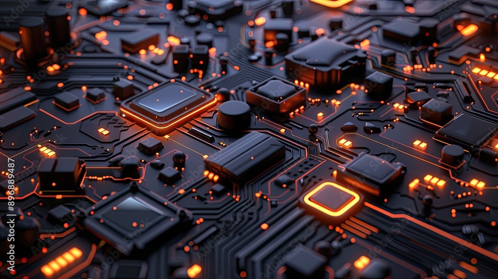 Poster high-tech 3d circuit board with intricate patterns and glowing elements
