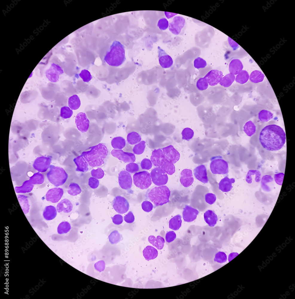 Poster bone marrow study smear picture of acute myeloid leukemia, blast cell, granulopoiesis. hematology. b