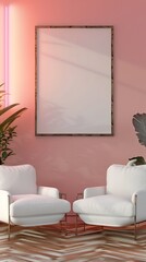 Cozy living room with a blank mockup frame on a pastel pink wall, white armchairs, and subtle RGB lighting.