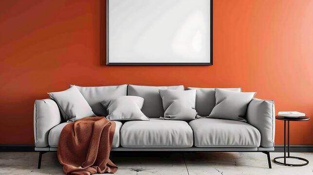 Cozy living room with a burnt orange wall, blank frame above a minimalist gray sofa. Bold and bright design. - Powered by Adobe