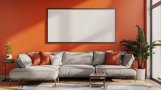 Cozy living room with a burnt orange wall, blank frame above a minimalist gray sofa. Bold and bright design.