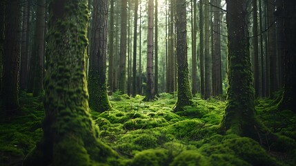 Fototapeta premium Beautiful view of moss trees growing in the forests