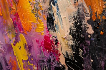 Closeup of a colorful abstract oil painting showcasing diverse textures and patterns