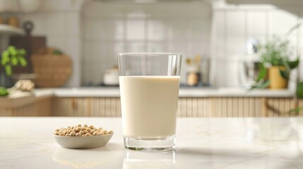 Fresh Soy Milk in a Clear Glass on Modern Kitchen Counter. PlantBased Beverage for Health and Nutrition. High Quality Stock Photo for Culinary Design and Promotion.