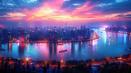 Fototapeta premium Stunning twilight cityscape with vibrant, colorful lights illuminating high-rise buildings and reflecting on a serene river. The city is alive with energy, showcasing its modern beauty.