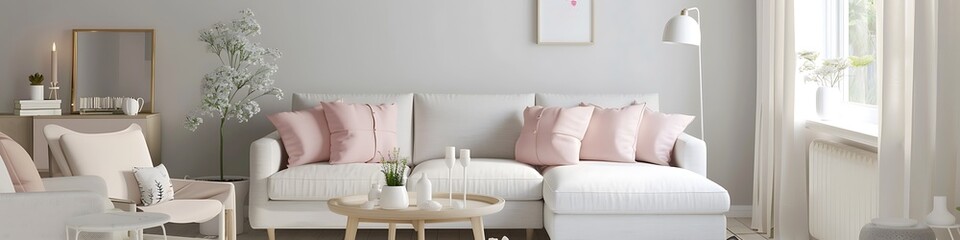 Cozy living room with light grey walls, white furniture, and pastel pink accents. Bright, inviting, and modern space.