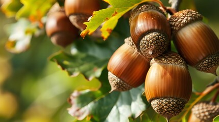 Close up of acorns on a tree