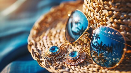 Closeup of a gorgeous vintage earrings with beautiful ornaments placed between ring straw hat and sunglasses with blue reflection