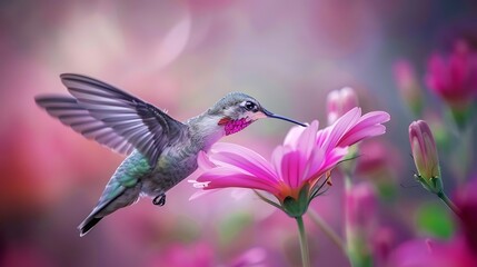 Naklejka premium closeup shot of a hummingbird feeding from a pink flower showing its long beak and iridescent feathers