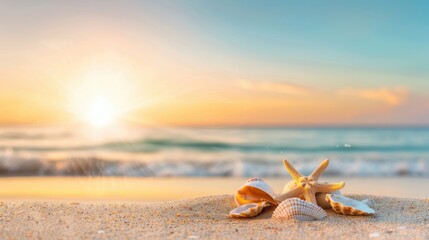 Sunset over a beach with seashells and starfish, tranquil and beautiful.