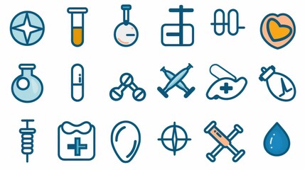 A clear icon image representing various medical symbols and equipment, designed for easy recognition and use in digital and print media, with a modern and professional aesthetic, suitable for