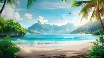 Tropical beach with exotic birds and lush foliage, vibrant and natural.
