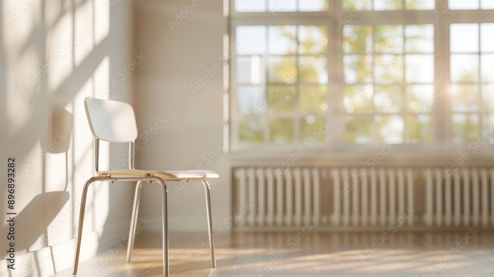 Poster a 3d rendering of a simple, empty classroom desk and chair, with a minimalist design and light color
