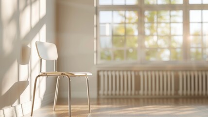 Fototapeta premium A 3D rendering of a simple, empty classroom desk and chair, with a minimalist design and light color palette