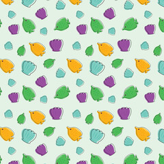 Seamless pattern design of fish and seashell isolated on background.