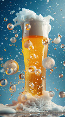 Fototapeta premium Tall beer glass filled with golden beer, overflowing with foam, surrounded by floating bubbles against a blue background.