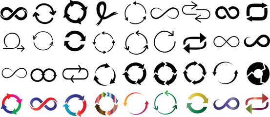Infinity symbol, loop icon, cycle designs in black and color variations. Perfect for endless concepts, continuity, repetition, and abstract shapes. Ideal for graphic elements and mathematical represen