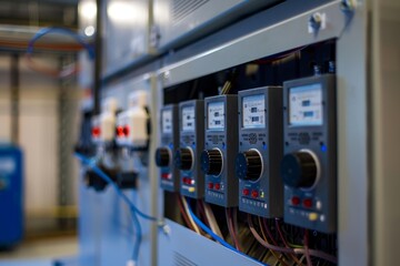 Closeup of gauges and switches on a control panel in an industrial setting
