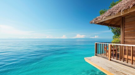 Wooden beach hut with a thatched roof overlooking the sea, rustic and cozy.