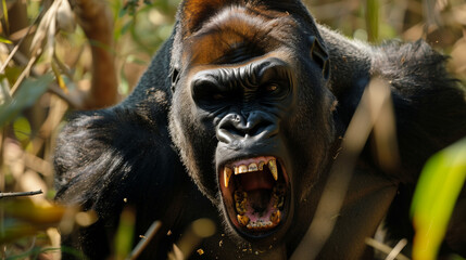 
A large silverback gorilla roaring powerfully in the jungle, showcasing its strength and aggression. The fierce beast displays its teeth, evoking the might of King Kong.