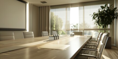 Fototapeta premium A clean 3D model of a business meeting room with a large table, chairs, and a projector screen, representing corporate discussions