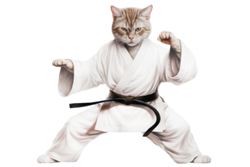 Cat in a kimono practices karate isolated on transparent background.