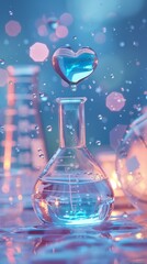 Heart-shaped droplet floating above a laboratory flask, symbolizing the fusion of love and science.